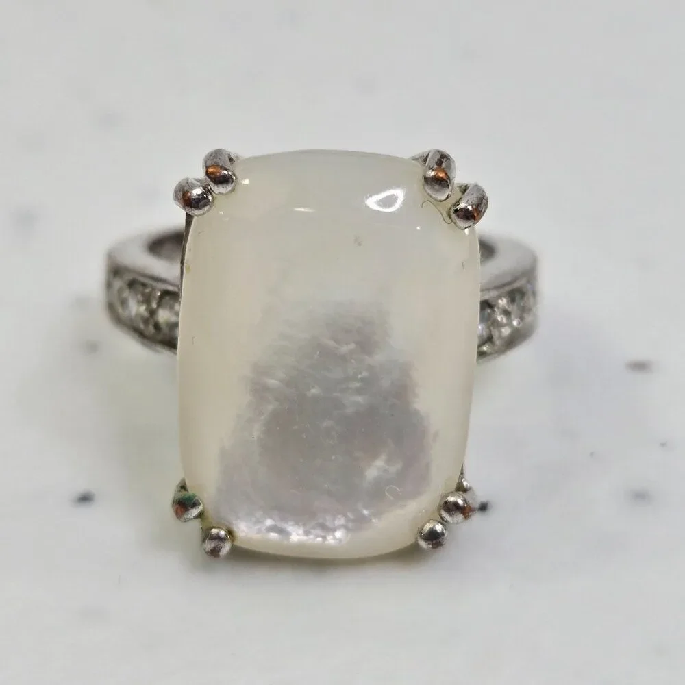 Moonstone Look Ring Size 6 Silver Tone‎ Rhinestone Costume Big Cocktail